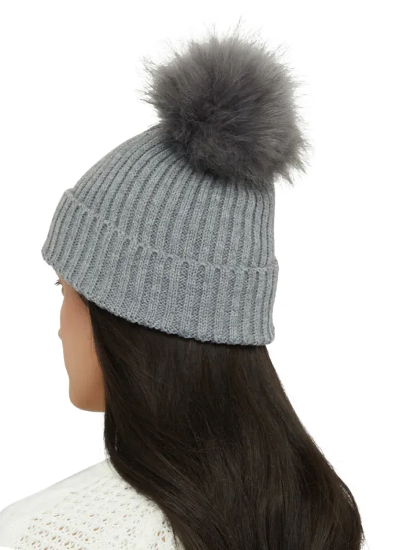 Ribbed Knit Faux Fur Pom Pom Beanie sold by Rainbow