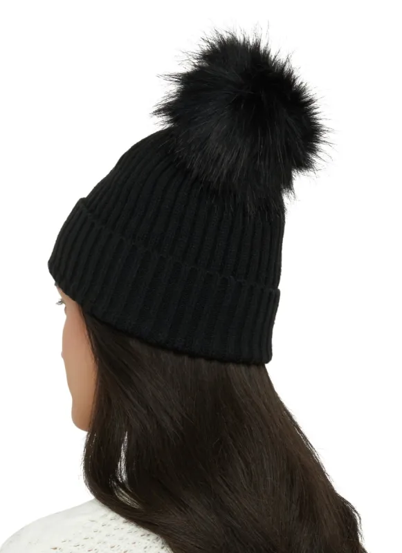 Ribbed Knit Faux Fur Pom Pom Beanie sold by Rainbow