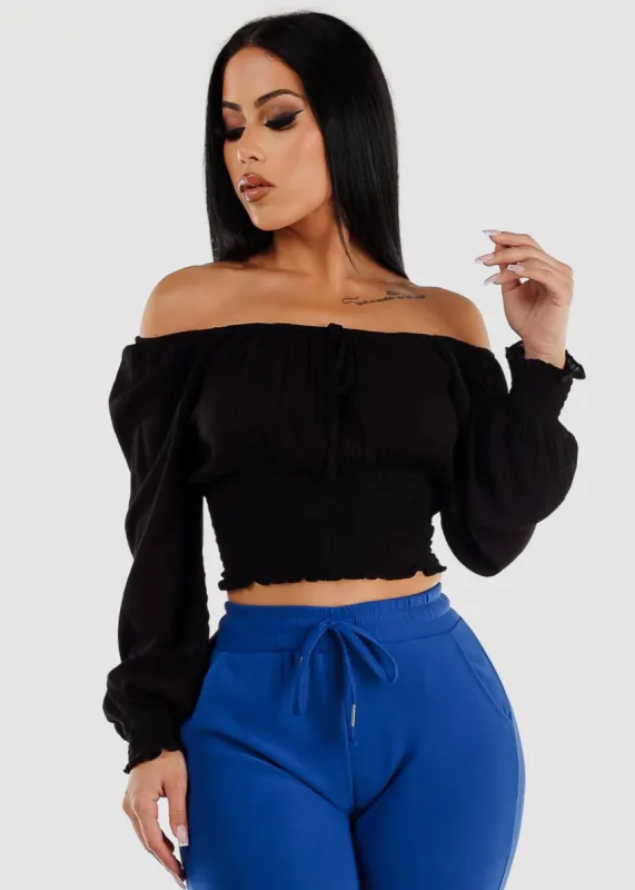 Black Off Shoulder Peasant Crop Top sold by Moda