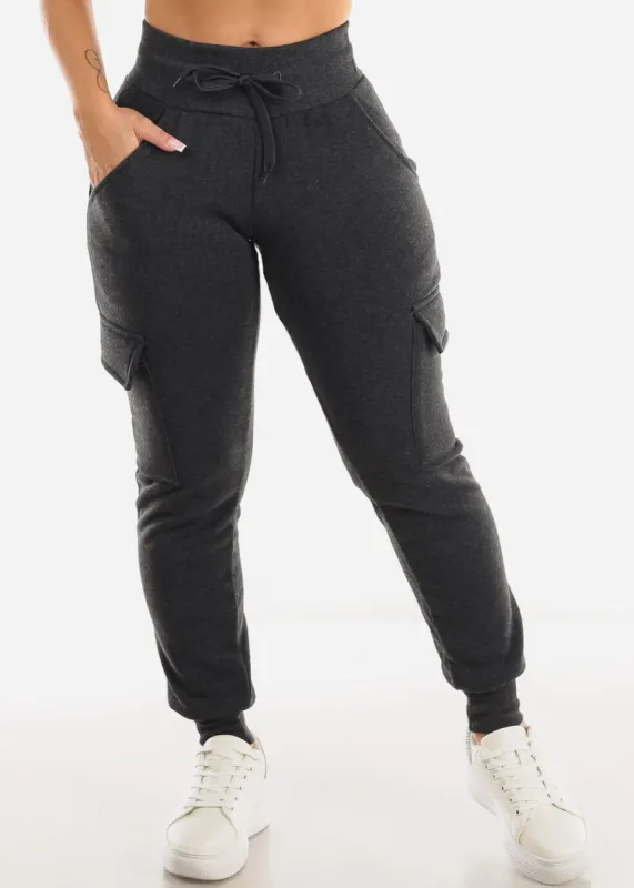 Fleece High Waist Cargo Jogger Sweatpants Charcoal sold by Moda