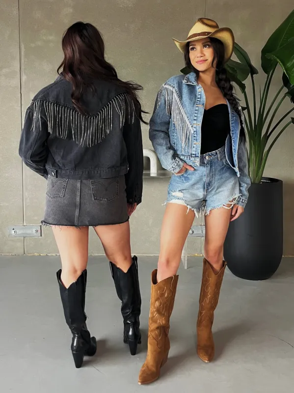 27 Denim Rhinestone Fringe Jacket sold by 27 Boutique