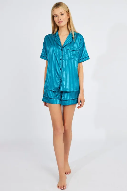 Blue Stripe Pyjama Set Stripe Satin Jacquard Navy Piping PJ sold by Ally Fashion