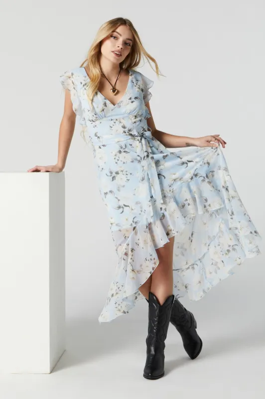Robe midi asymétrique fleurie bleue avec attache sold by Urban Planet