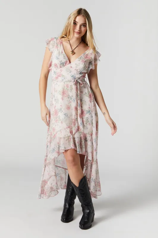 Robe midi asymétrique fleurie blanche avec attache sold by Urban Planet