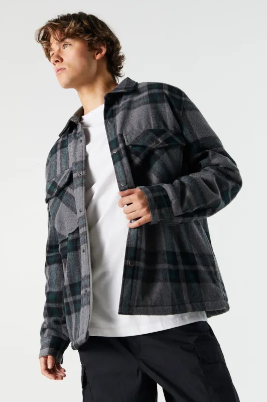 Black Faux Fur Lined Plaid Shacket sold by Urban Planet