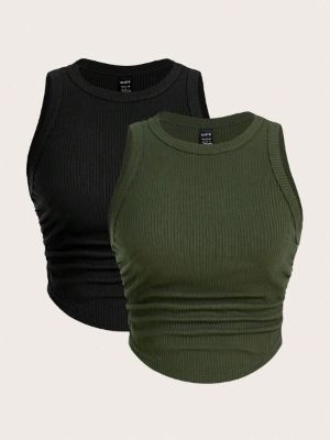 SHEIN Coolane Solid Color Ribbed Pleated Curved Hem Tank Top sold by SHEIN