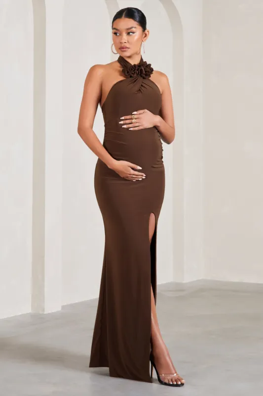 Marissa | Chocolate Brown Halter-Neck Split Maternity Maxi Dress With Flowers sold by Club L London