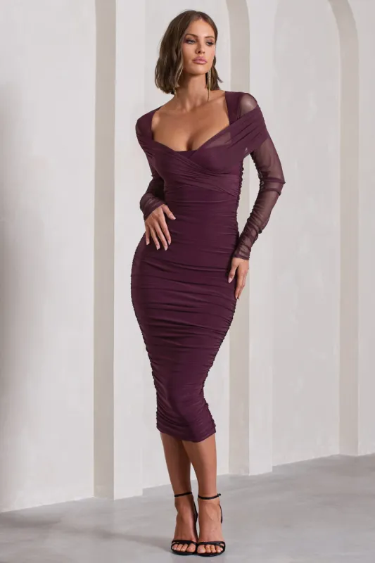 Between The Lines | Plum Ruched Mesh Long-Sleeved Bodycon Midi Dress sold by Club L London