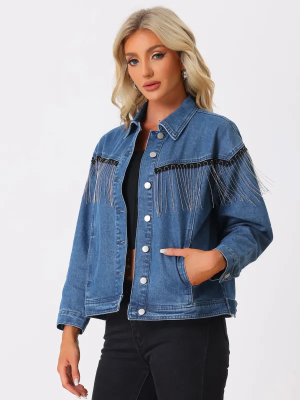 Beads Fringe Denim Button Front Western Cowgirl Tassel Jean Jackets sold by Allegra K