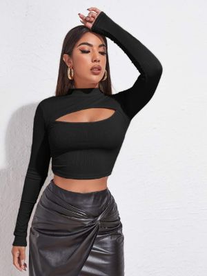 SHEIN Essnce Mock Neck Cut-out Rib-knit Slim Crop Tee sold by SHEIN