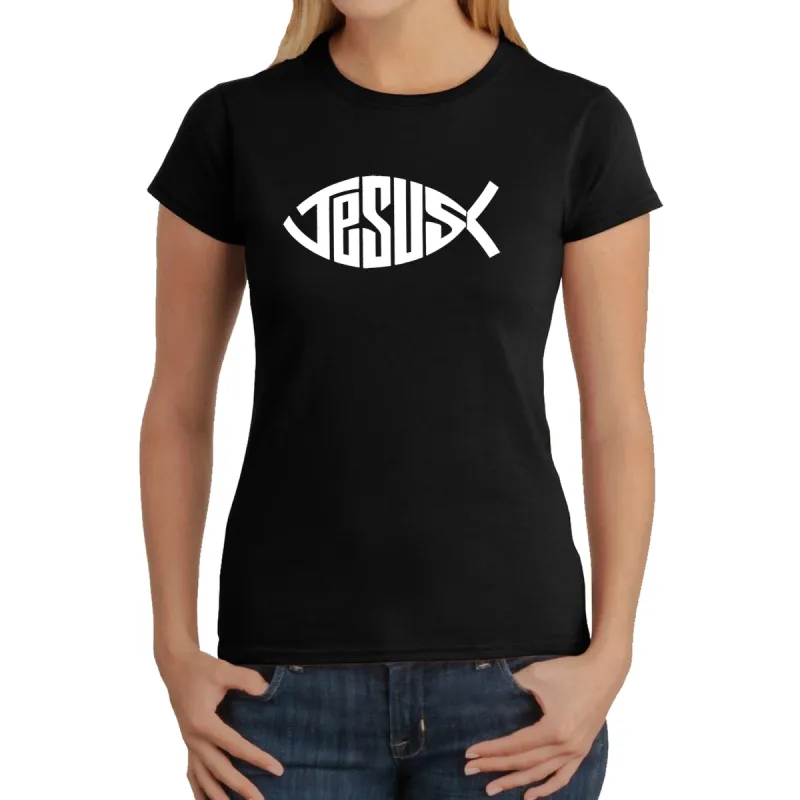 Christian Jesus Name Fish Symbol - Women's Word Art T-Shirt sold by LA Pop Art