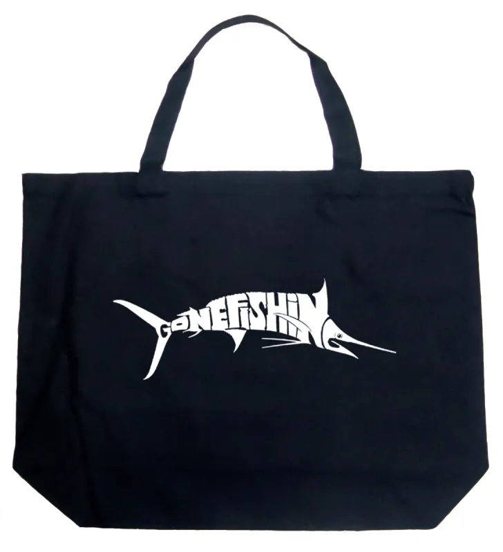 Marlin Gone Fishing - Large Word Art Tote Bag sold by LA Pop Art