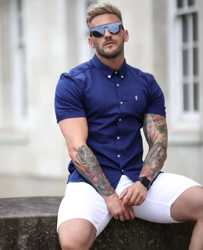 Father Sons Super Slim Stretch Navy Denim Short Sleeve with Button Down Collar and Metal Buttons and Emblem - FS761 sold by Father Sons
