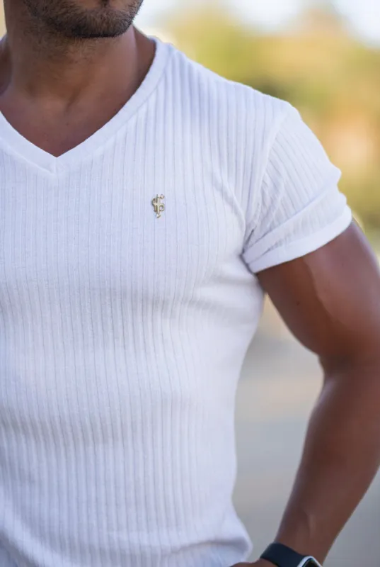 Father Sons Super Slim White / Gold V Neck Ribbed Crew - FSH498 sold by Father Sons