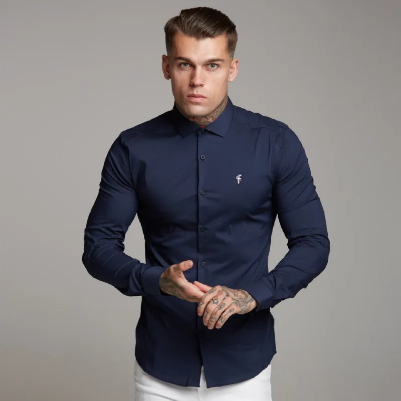 Father Sons Super Slim Stretch Classic Navy Panel Shirt (Pink embroidery) - FS321 sold by Father Sons