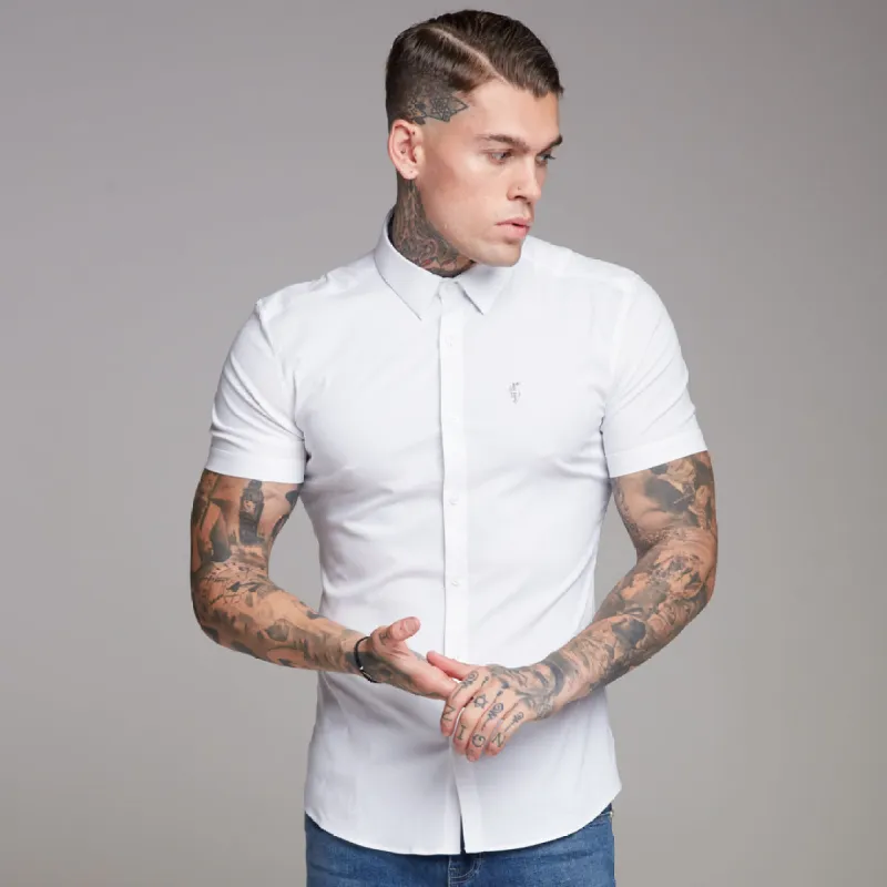 Father Sons Super Slim Ultra Stretch Classic White Short Sleeve Shirt (Grey embroidery) - FS353 sold by Father Sons