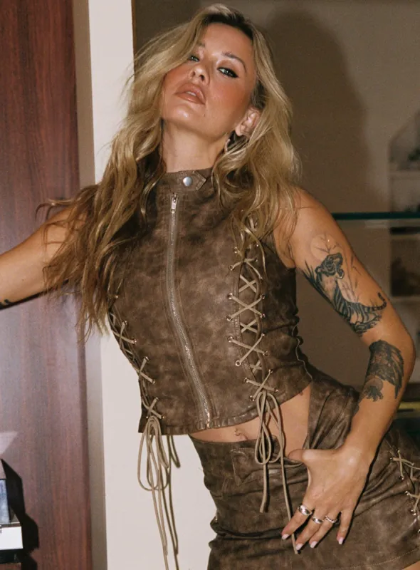 Ceejay Faux Leather Top Brown sold by Princess Polly