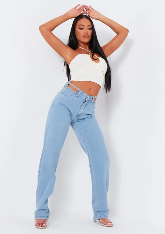 Joelle Light Wash Cut Out Detail Straight Leg Jeans sold by Missy Empire
