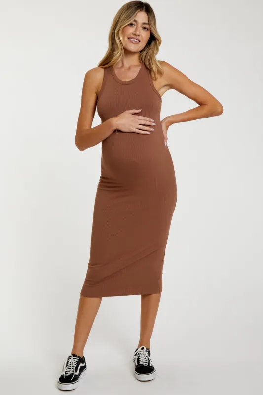 Mocha Sleeveless Ribbed Fitted Maternity Midi Dress sold by Pinkblush
