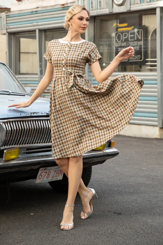 Khaki Green Grid Short Sleeves Vintage 1950s Dress sold by Zapaka