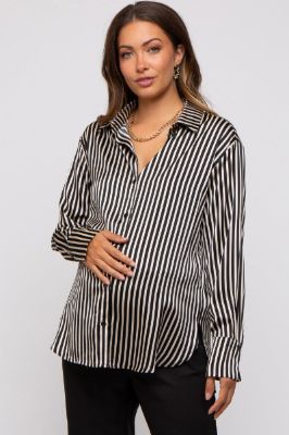Black Striped Satin Collared Round Hem Maternity Blouse sold by Pinkblush