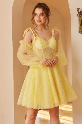 Yellow Spaghetti Straps Short Party Dress sold by Zapaka