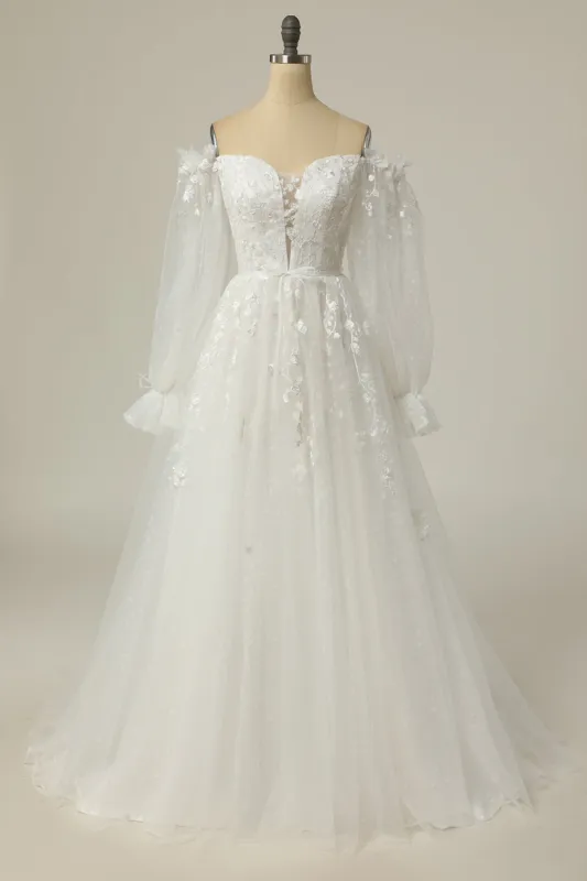Luxurious A Line Off the Shoulder White Wedding Dress with Appliques sold by Zapaka
