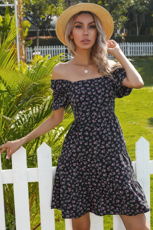 Floral Square Neck Bubble Short Sleeves Boho Dress sold by Zapaka