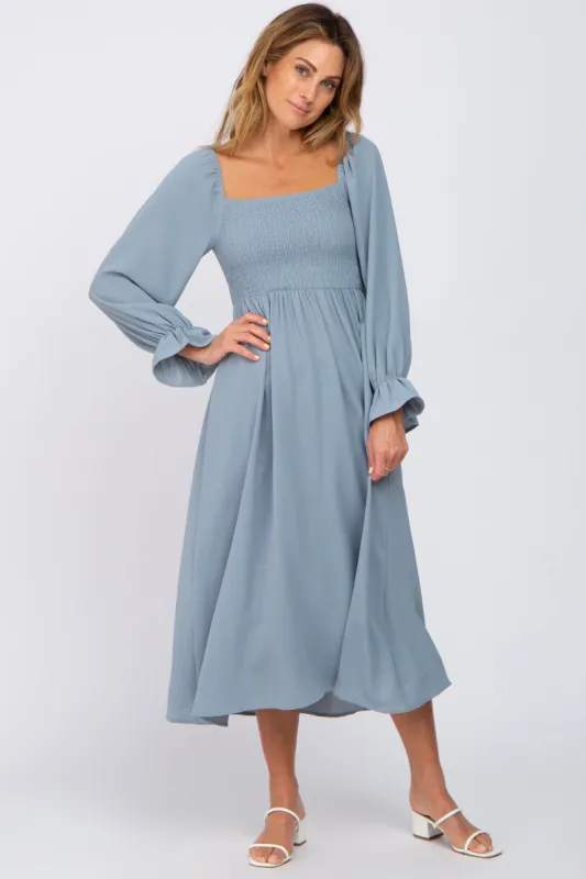 Light Blue Smocked Square Neck Midi Dress sold by Pinkblush