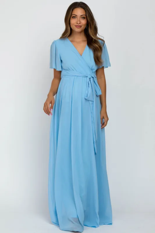 Light Blue Chiffon Short Sleeve Maternity Maxi Dress sold by Pinkblush