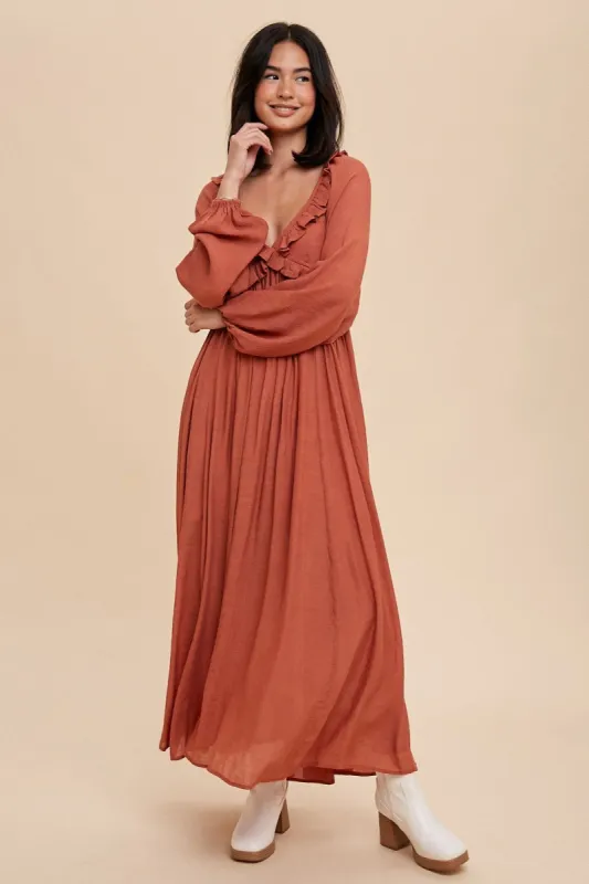 Rust Long Sleeve Ruffle Accent Maxi Dress sold by Pinkblush