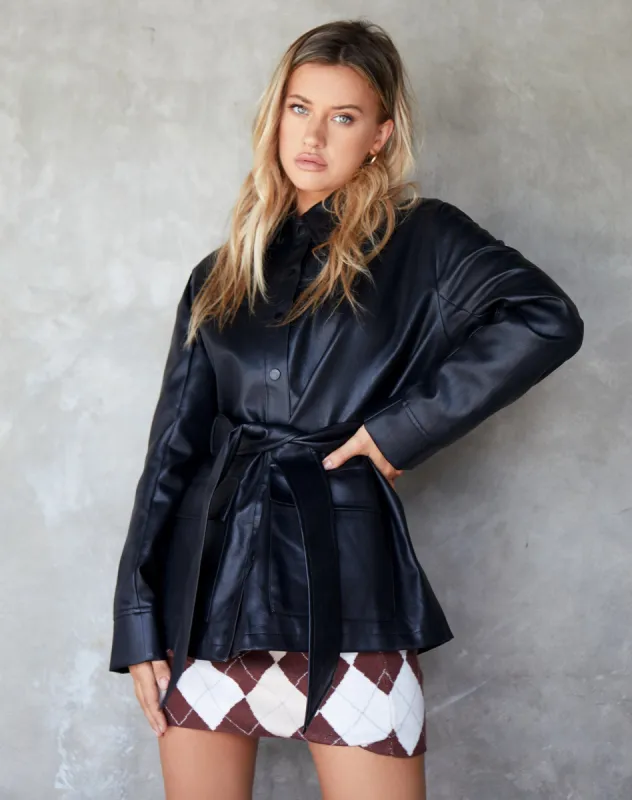 Belted Jacket in PU Black sold by Motel Rocks