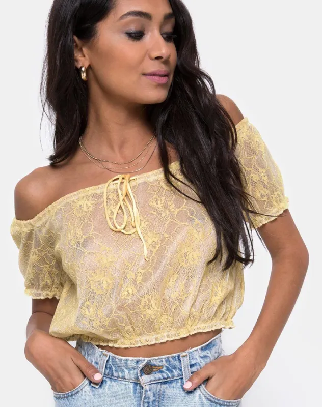 Eva Crop Top in Pastel Lace Lemon sold by Motel Rocks