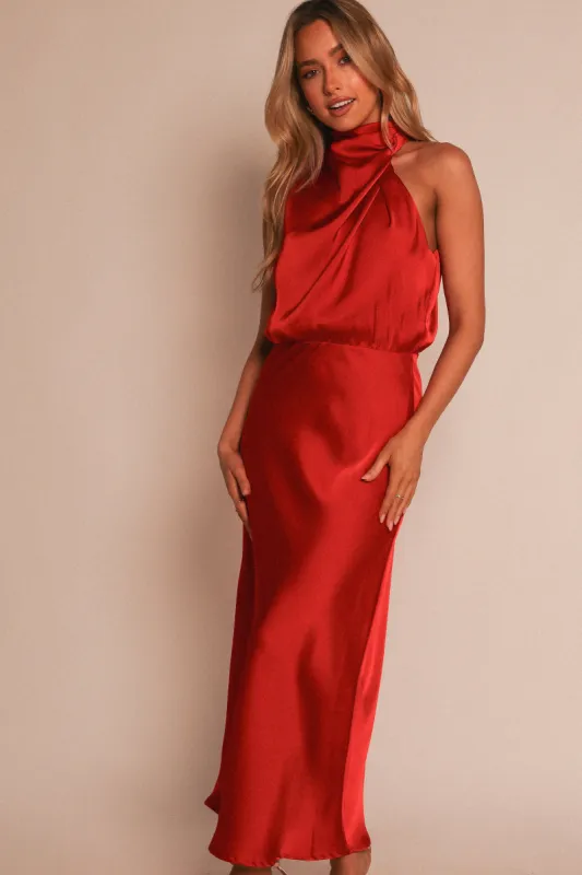 Anabelle Halter Neck Midi Dress - Red sold by Petal & Pup