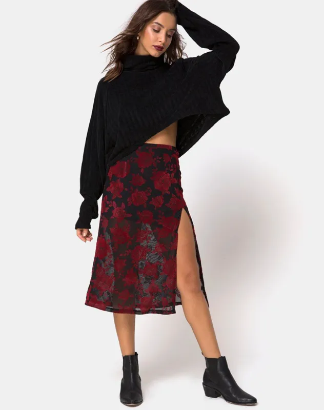 Saika Midi Skirt in Romantic Red Rose Flock sold by Motel Rocks