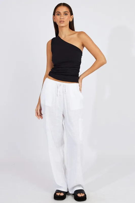 White Wide Leg Pants Mid Rise Linen Blend sold by Ally Fashion