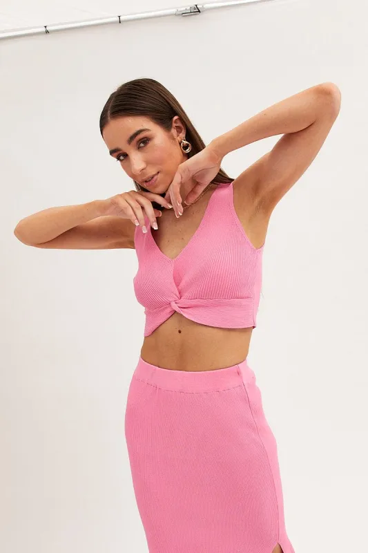Pink Knit Top Crop Sleeveless V-Neck sold by Ally Fashion