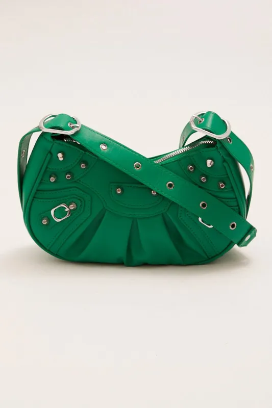 Green Pleated Crescent Shoulder Bag With Stud Decor sold by Ally Fashion