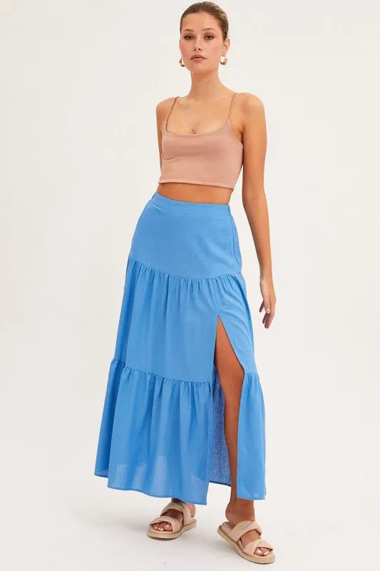 Blue Maxi Skirt High Waist Split Tiered sold by Ally Fashion
