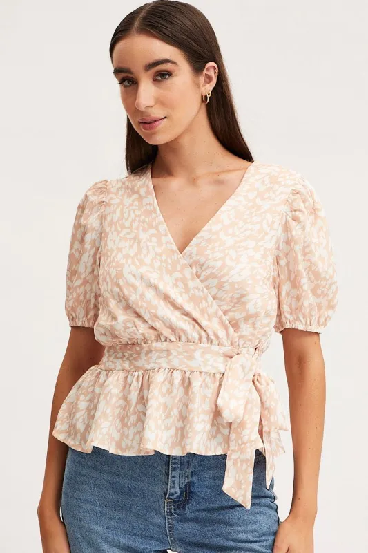Print Wrap Top Long Sleeve Peplum sold by Ally Fashion
