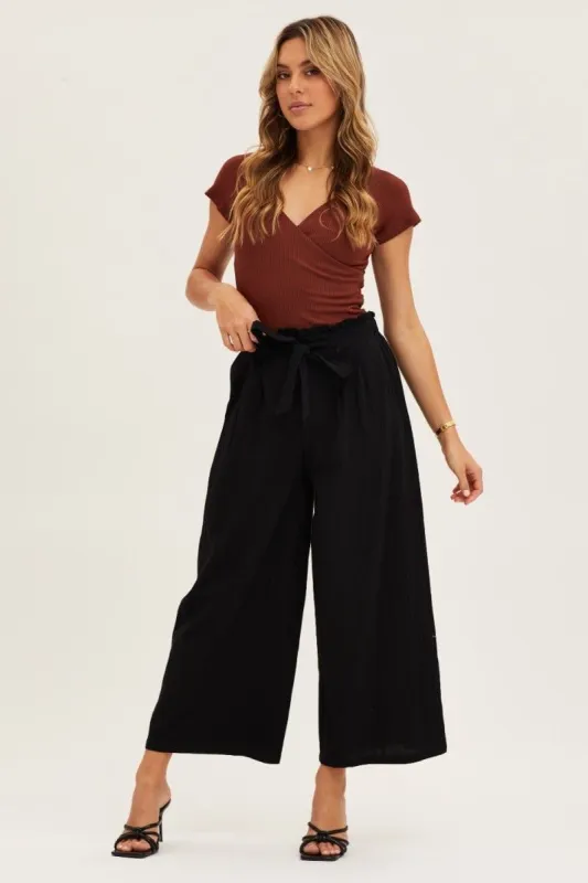 Black High Rise Waist Tie Crop Wide Pants sold by Ally Fashion