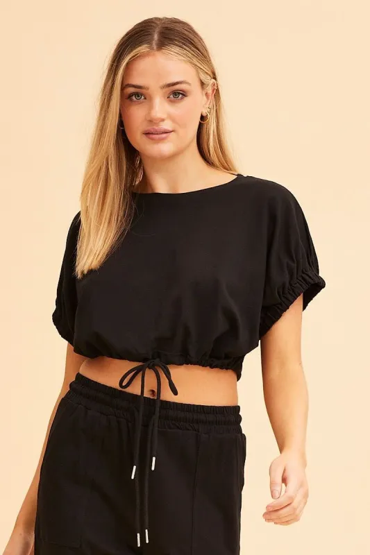 Black Crop Top Short Sleeve Relaxed Fit Elastic Detail sold by Ally Fashion