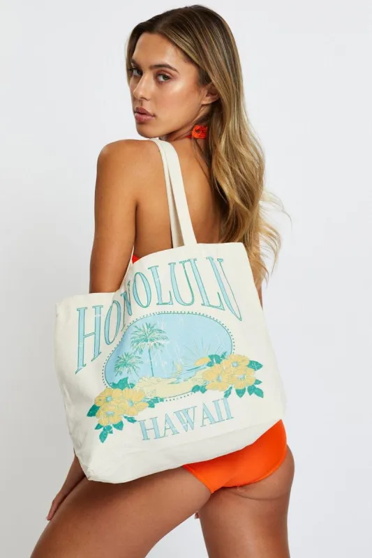 Print Honolulu Hawaii Beach And Palms Graphic Tote Bag sold by Ally Fashion