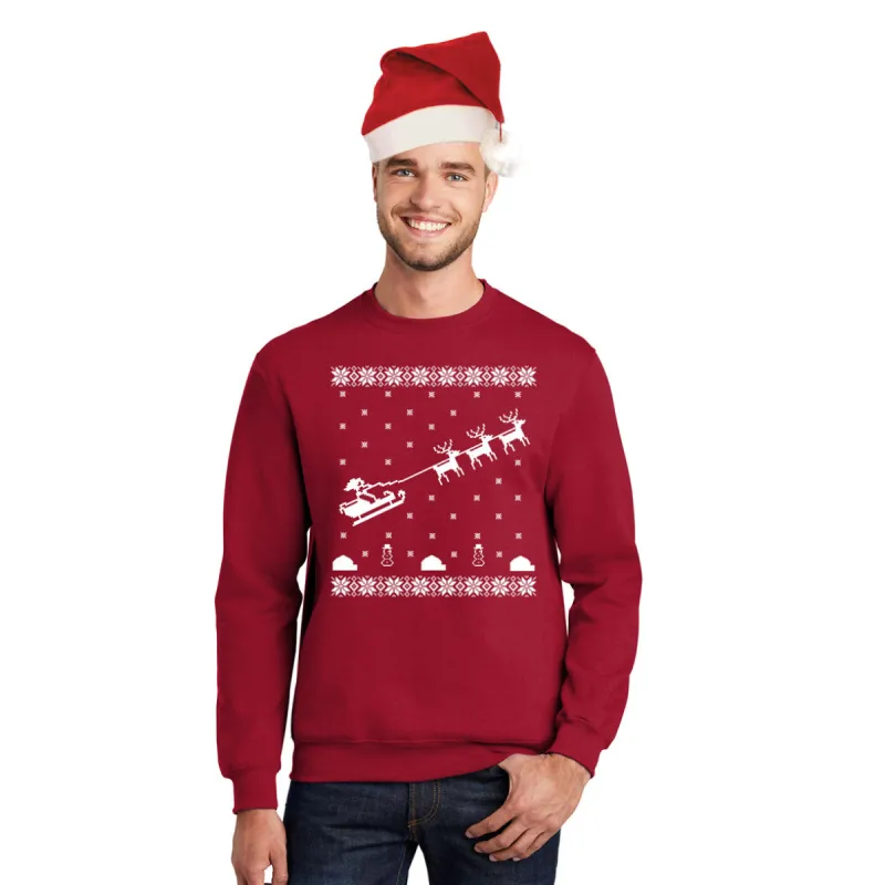 Flying Santa Sleigh Ugly Christmas Sweater Red Mens Crewneck Sweatshirt with Santa Hat sold by Old Glory