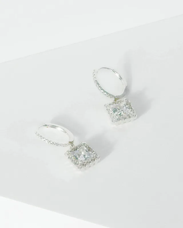 Silver Cubic Zirconia Square Detail Drop Hoop Earrings sold by Collete Hayman