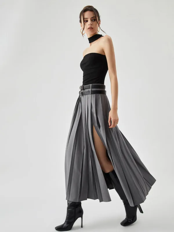Pleated Split Maxi Skirt Without Belt | Parallel