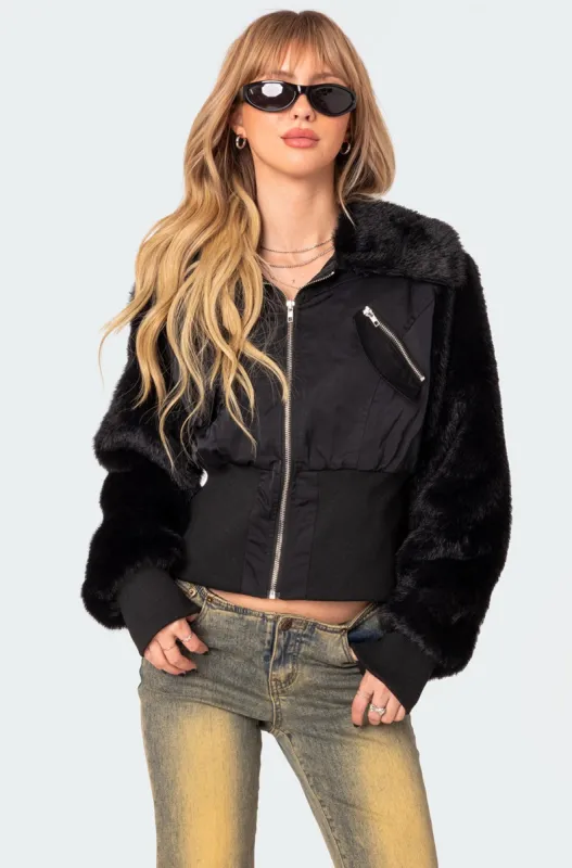 Malliora Faux Fur Nylon Jacket sold by Edikted