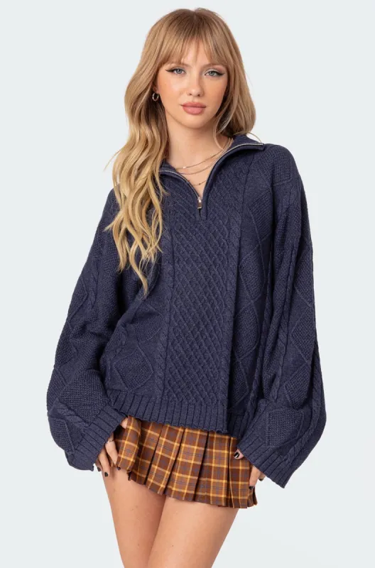 Oversized Quarter Zip Cable Knit Sweater sold by Edikted