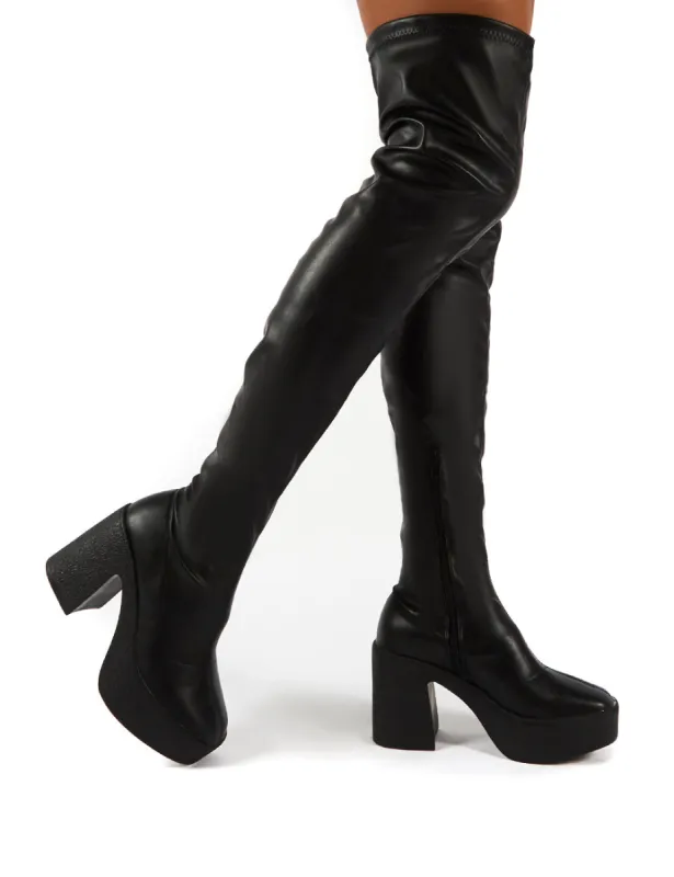Superb Black PU Block Heeled Over the Knee Boots sold by Public Desire