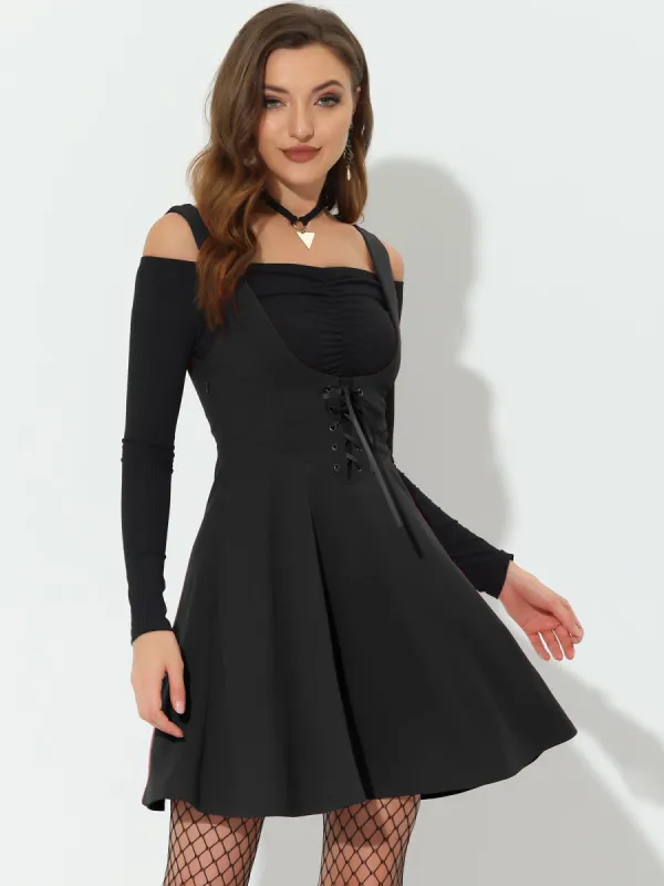 Halloween Suspender Gothic Lace Up A-Line Mini Overall Skirt sold by Allegra K